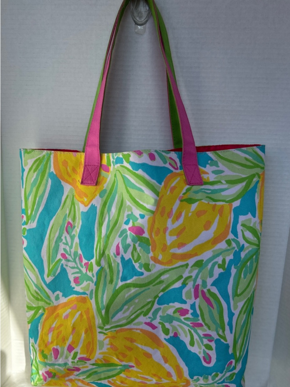 Lilly Pulitzer Turquoise Lemon Print Tote with Pink Straps - Picture 2 of 3